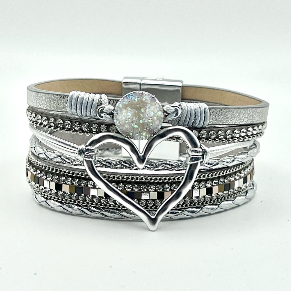 Boho Style Multilayer Silver Heart Charm and Druzy Stone Bracelet - Picture 2 of 6